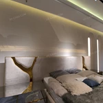 Light Beige Upholstered Bed with Artistic Gold Accents & Coordinated Bench